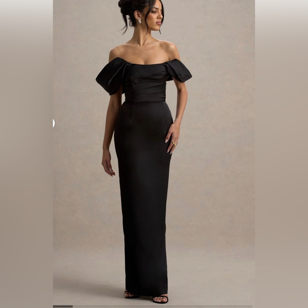 NWT Club L London ANNITA Black Satin Bardot Maxi Dress